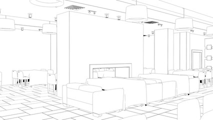 restaurant, 3D illustration, sketch, outline