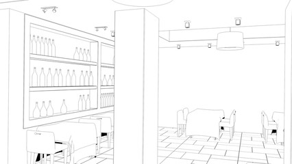 restaurant, 3D illustration, sketch, outline