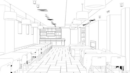 restaurant, 3D illustration, sketch, outline