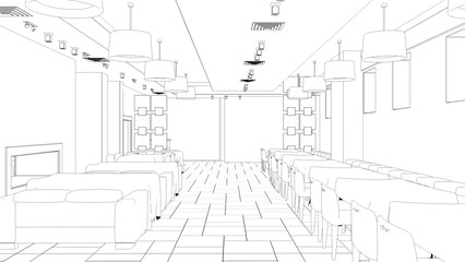 restaurant, 3D illustration, sketch, outline