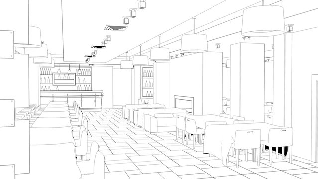 restaurant, 3D illustration, sketch, outline