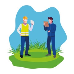 male builders constructors workers on the lawn