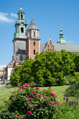 Wawel Castle and flowers in Krakow, Poland