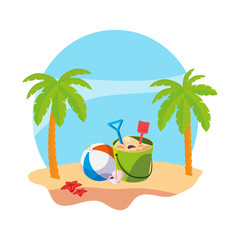 summer beach with palms and sand bucket scene