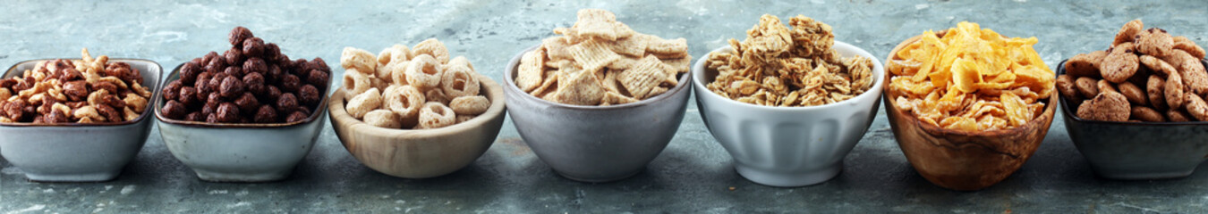 Cereal. Bowls of various cereals for breakfast. Muesli with kids cereals.