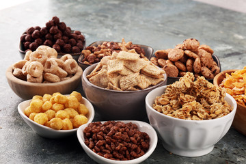 Cereal. Bowls of various cereals for breakfast. Muesli with kids cereals.