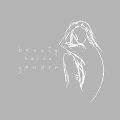 sketchy hand drawn illustration of a silhouette of a young woman sitting beside a positive trendy inscription about beauty standarts.