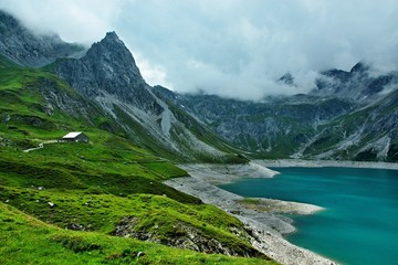 Fototapeta na wymiar Austrian Alps-view of the lake Lunersee and mountains Ratikon
