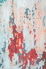 Old grungy cracked blue and red weathered wall paint peeling off rusted metal sheet. Textured background for posters and bloggers