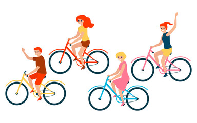 Happy family riding bikes. Father, mother and children daughters. Vector illustration isolated on white background in flat style