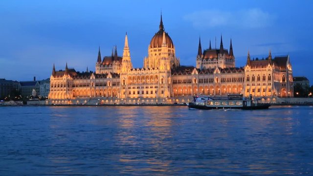 Beautiful evening view of the building of the Hungarian Parliament and the Danube River in Budapest, Hungary