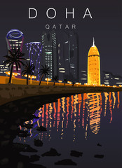 Doha Qatar modern poster. Landscape of the night coast of Doha.