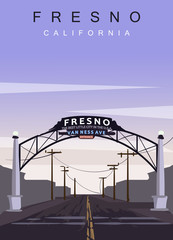 Fresno modern vector poster. Fresno, California landscape illustration. Top 30 most populated cities of the USA.