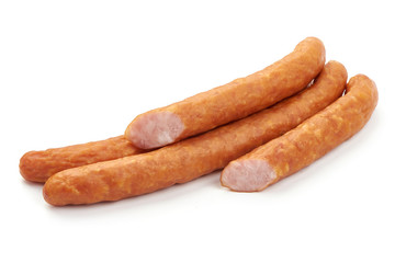 Polish Kabanosy dry sausages, close-up, isolated on white background