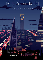 Riyadh night skyline poster. Riyadh city vector illustration.