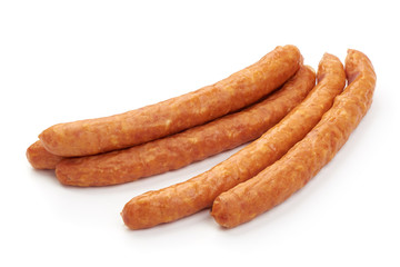 Smoked Hunting Sausages, dry meat, close-up, isolated on white background