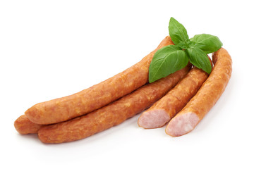Polish Kabanosy dry sausages, close-up, isolated on white background