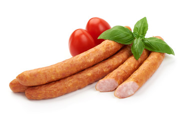 Smoked Hunting Sausages, dry meat, close-up, isolated on white background