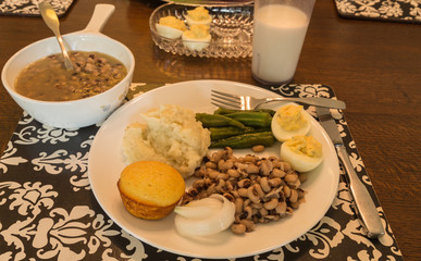Soul Food Vegetable Plate on Old Fashioned Family Supper Setting