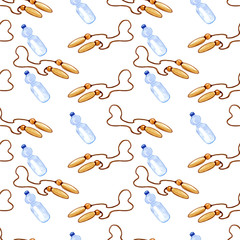 Hand drawn watercolor seamless pattern with jump rope and bottle with water on white background. Design for invitation, greeting cards, printing , wallpaper, paper, postcard, textile