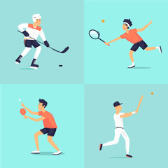 Sport. Hockey, tennis, ping pong, baseball. Flat design vector illustration.