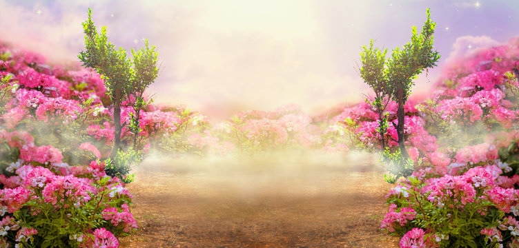 Fantasy summer panoramic photo background with rose field, trees and misty path leading to mysterious glow. Idyllic tranquil morning scene and empty copy space. Road goes across hills to fairytale.
