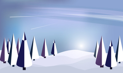 Winter forest abstract flat background. Simply Children's drawing. Simple and cute landscape for your design