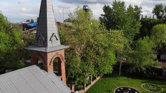 View of Jesus Evangelical Lutheran church that is located in the city center. view from quadcopter.