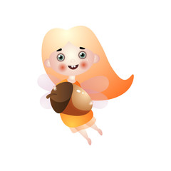 Cute blonde hair fairy girl flying with acorn