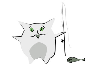 Cat fisherman. Cat with a fishing rod and fish. Illustration in Japanese style.