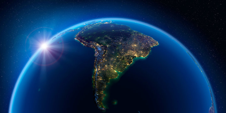 Earth at night and the light of cities. South America.