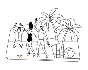 Young friends and summer cartoons in black and white