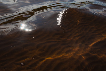 Lake with clear water and clear bottom relief. Small waves play with the rays of sunlight, drawing chaotic, clear lines on the water. Sun glare reflected on the water in the form of small rays.