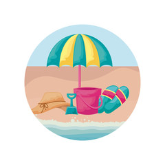 hat female with umbrella and icons vacation in beach