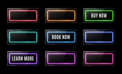 Colorful neon square signs set. Buy now, learn more, book now light banners design. Glowing rectangle buttons on black background. Shining led halogen lamp frame banner. Bright vector illustration.