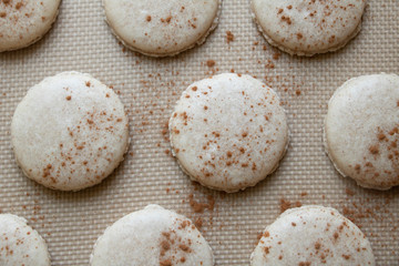 Baked Cinnamon Macaron Cookie Shells Light and delicate cookies made from egg whites and almond flour dusted with cinnamon and baked to perfection.