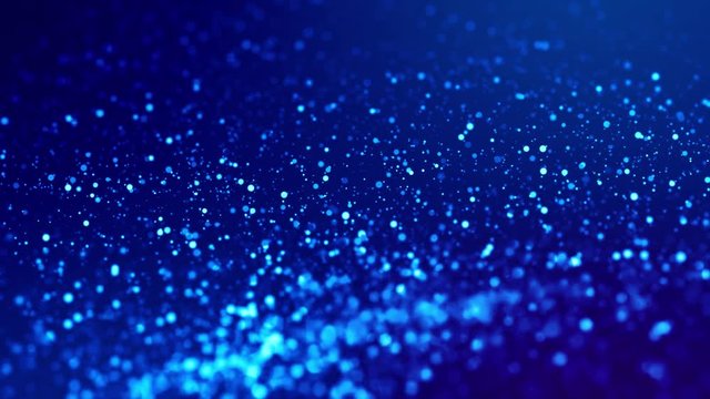 Magic blue glowing particles flow in viscous liquid and bright glisten. Science fiction. 4k 3d sci-fi background with glittering particles, depth of field and bokeh. Luma matte as alpha channel. 68
