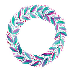 Watercolor purple and green wreath isolated on white background.Hand painted leaves illustration.