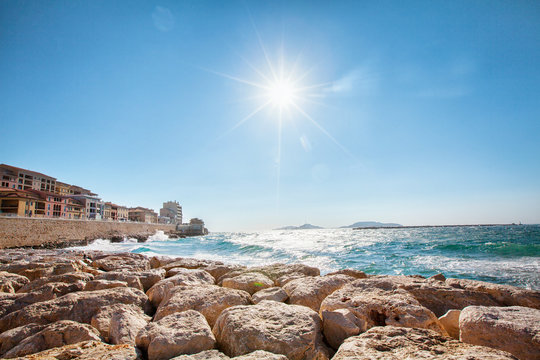 Sunny beach in Marseille, Plage des Catalans, Marseille, France
