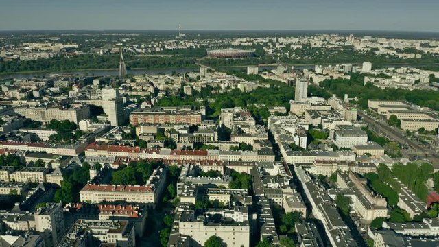 Aerial view of Warsaw from the city centre towards the Vistula River. Poland