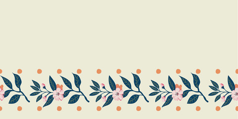 Beautiful seamless botanical floral border . A modern rendition of vintage style in pink, orange, green on a neutral background. Great for textile and wallpaper edging, stationery and graphic design.