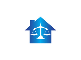 Balance symbol scales logo design illustration, law symbol in a home shape house icon