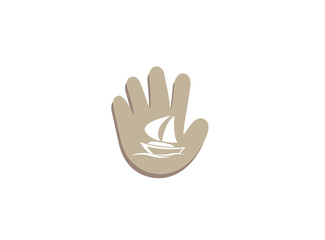 Fototapeta na wymiar Yacht sailing in the sea for logo design illustration in a hand shape icon