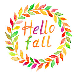 Watercolor "Hello fall" wreath isolated on white background.Hand painted floral  illustration.