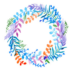 Fototapeta na wymiar Watercolor branches wreath isolated on white background.Hand painted floral illustration.
