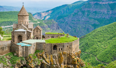Tatev, Armenia - May 11, 2017. Famous Tatev Monastery in mountains with funicular - obrazy, fototapety, plakaty