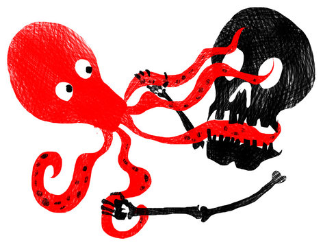 illustration octopus against skull