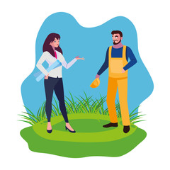 male builder constructor with woman engineer