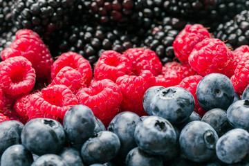Fresh Summer Berries mix with Raspberry, Red currant, Blueberry and Blackberry on wood background.