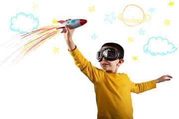 Child plays with a rocket. Concept of imagination. Isolated on white background © alphaspirit